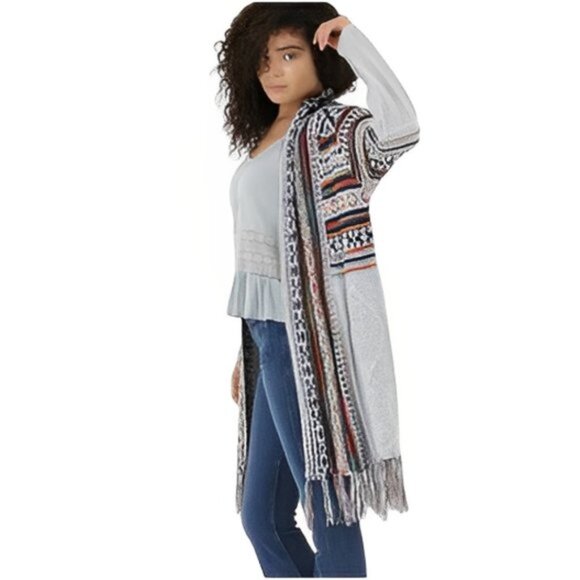 NWT Angie Gray Bohemian Fringed Open Front Cardigan Sweater - Picture 3 of 4
